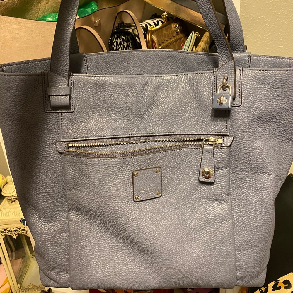 Henri Bendel gray blue all leather tote with lock.
